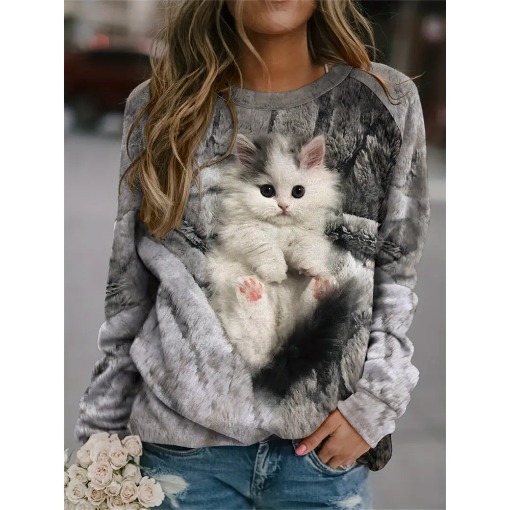 Cat Print Long Sleeve Crew Neck Sweatshirt