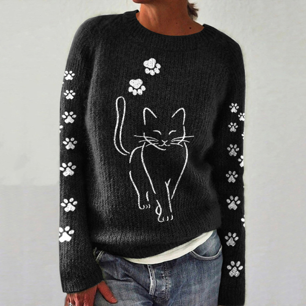 Cat Print Long Sleeve Knitted Pullover Sweater