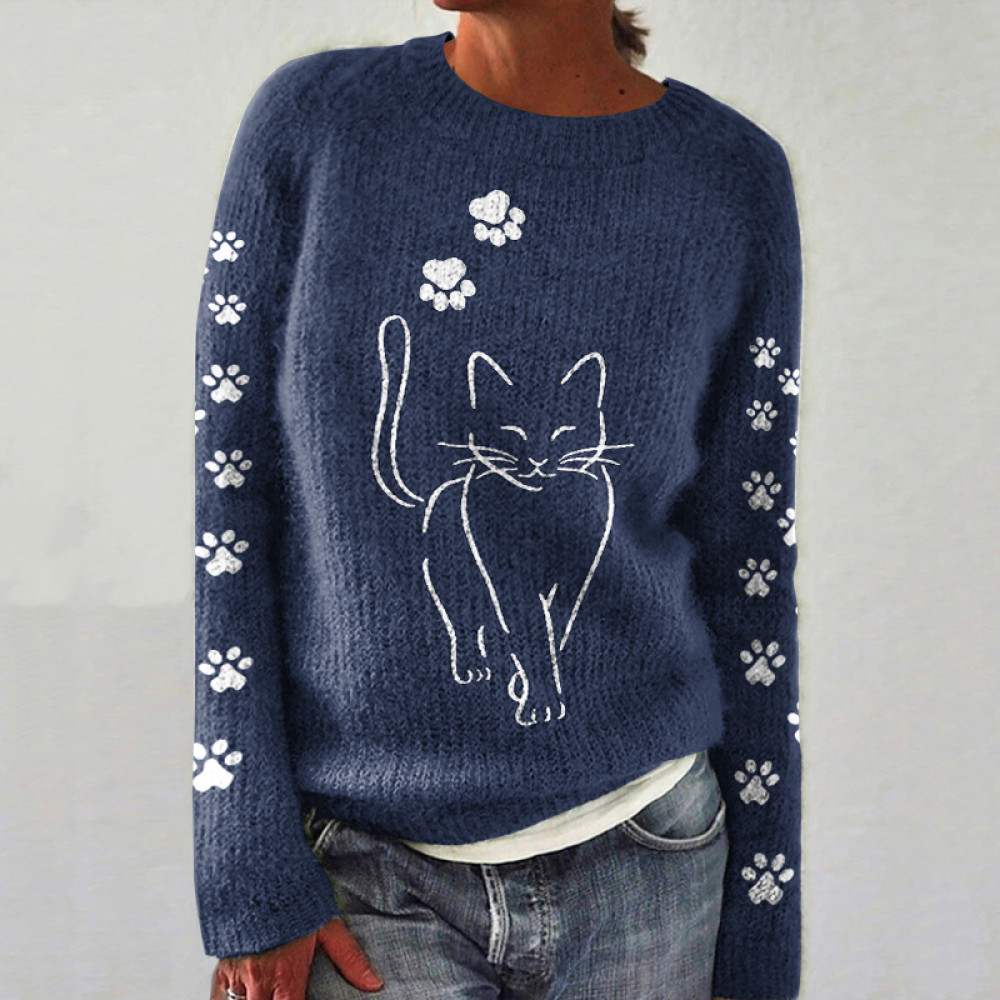 Cat Print Long Sleeve Knitted Pullover Sweater