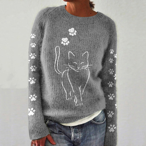 Cat Print Long Sleeve Knitted Pullover Sweater