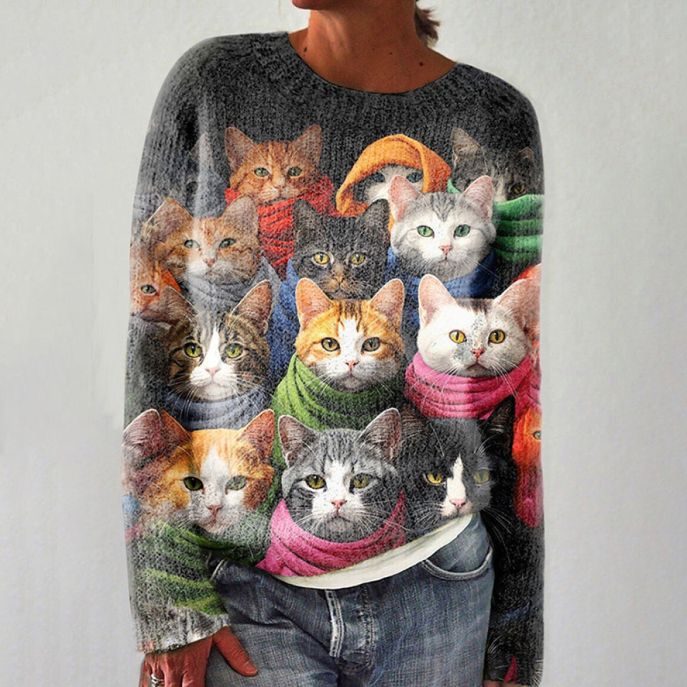 Cat Print Long Sleeve Knitted Pullover Sweater