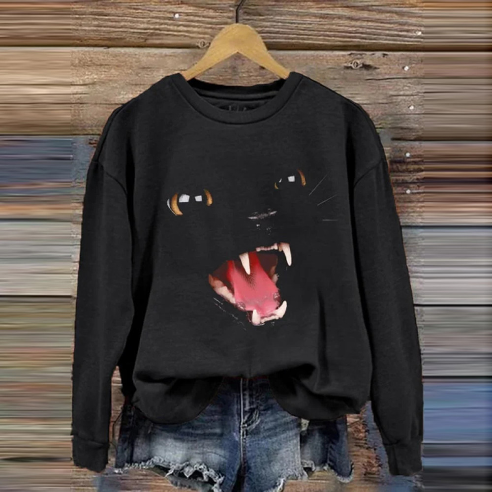 Cat Print Round Neck Long Sleeve Casual Sweatshirt