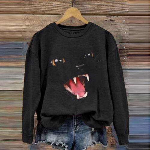 Cat Print Round Neck Long Sleeve Casual Sweatshirt