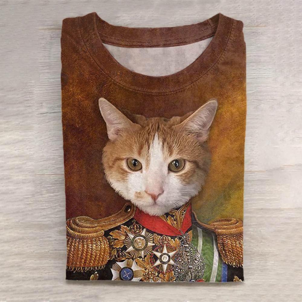 Cat Print Round Neck Long Sleeve Casual T-Shirt