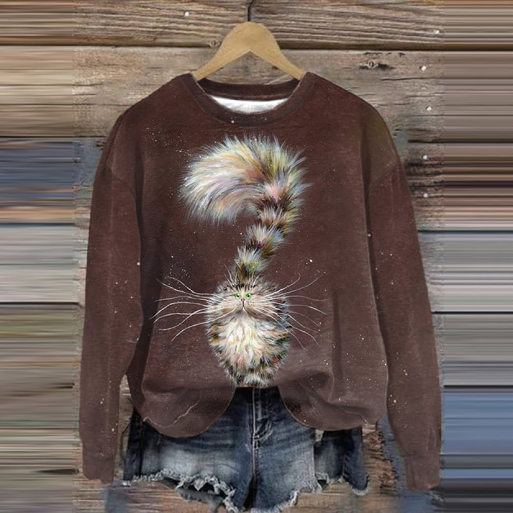 Cat Print Round Neck Long Sleeve Sweatshirt