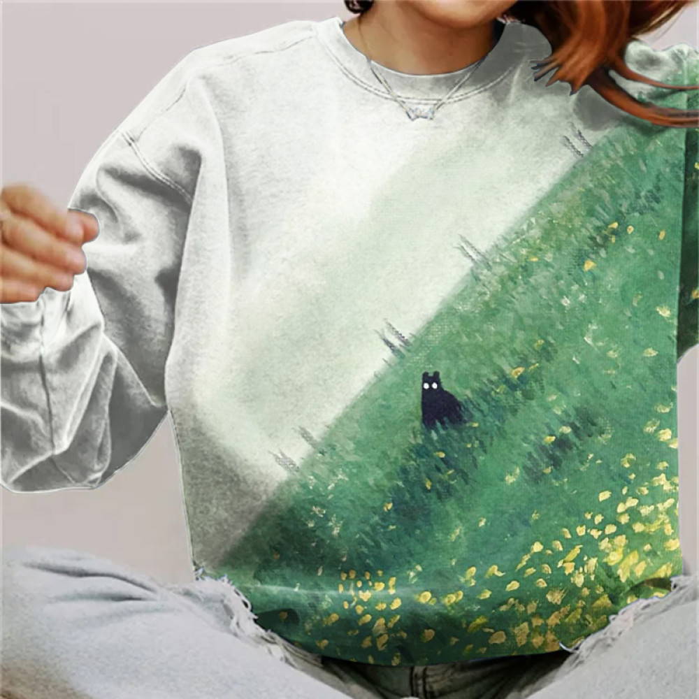 Cat Print Round Neck Long Sleeve Sweatshirt