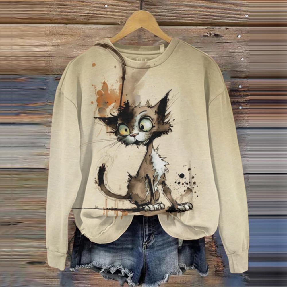 Cat Print Round Neck Long Sleeve Sweatshirt