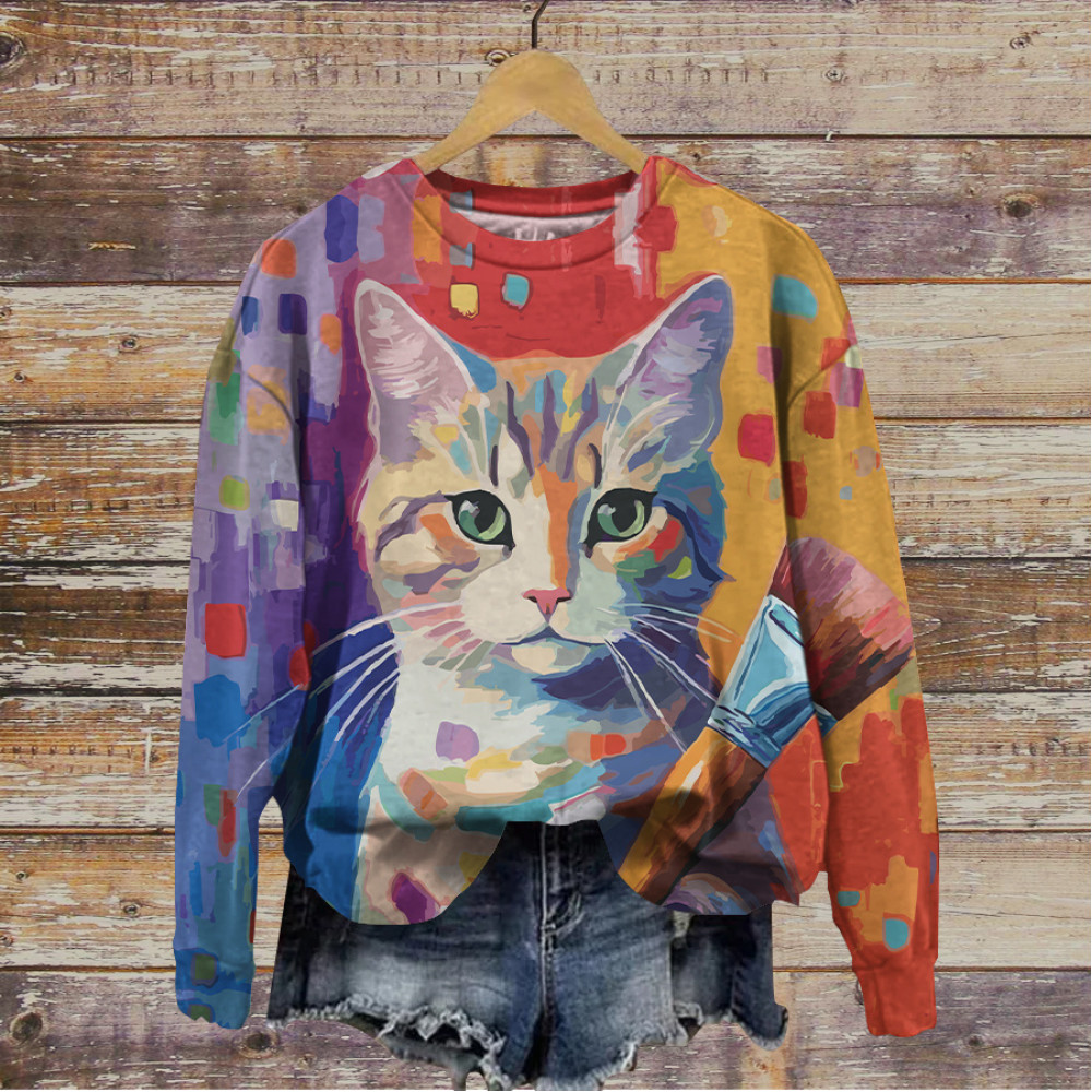 Cat Print Round Neck Long Sleeve Sweatshirt