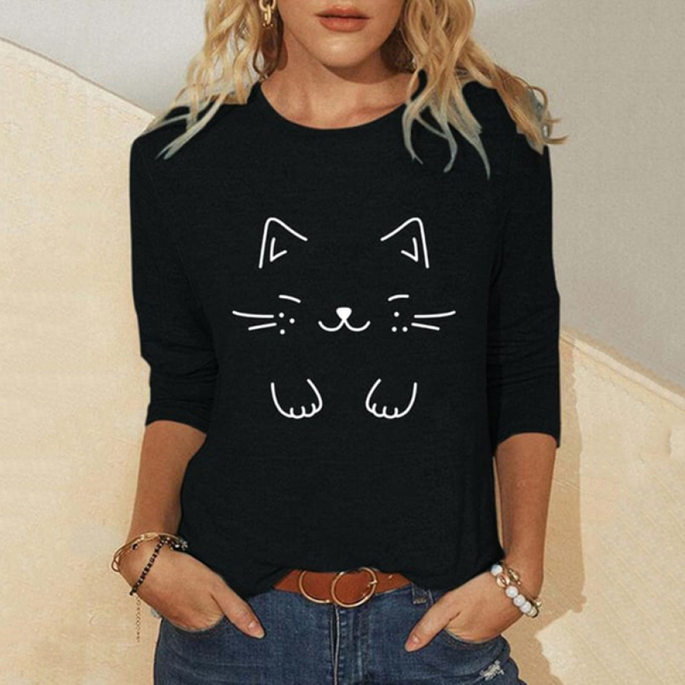 Cat Print Round Neck Long Sleeve T-Shirt