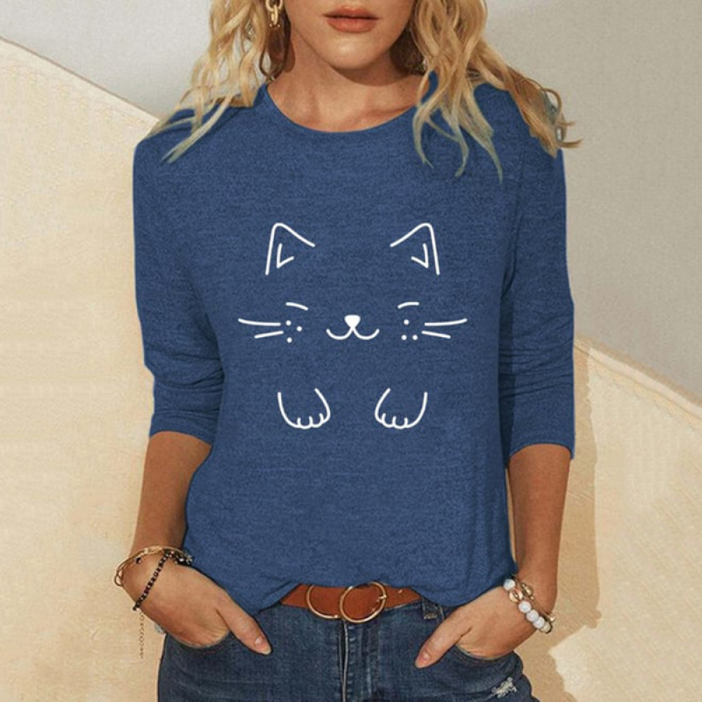 Cat Print Round Neck Long Sleeve T-Shirt