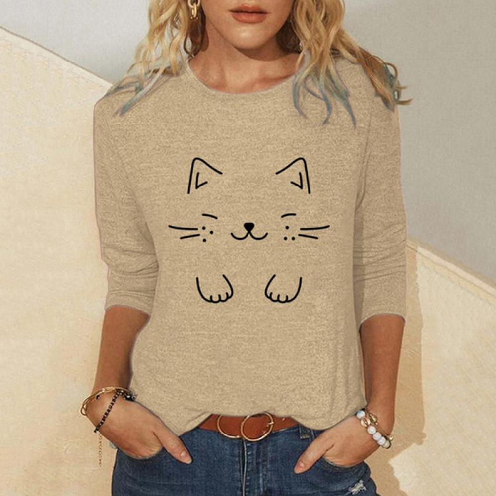 Cat Print Round Neck Long Sleeve T-Shirt