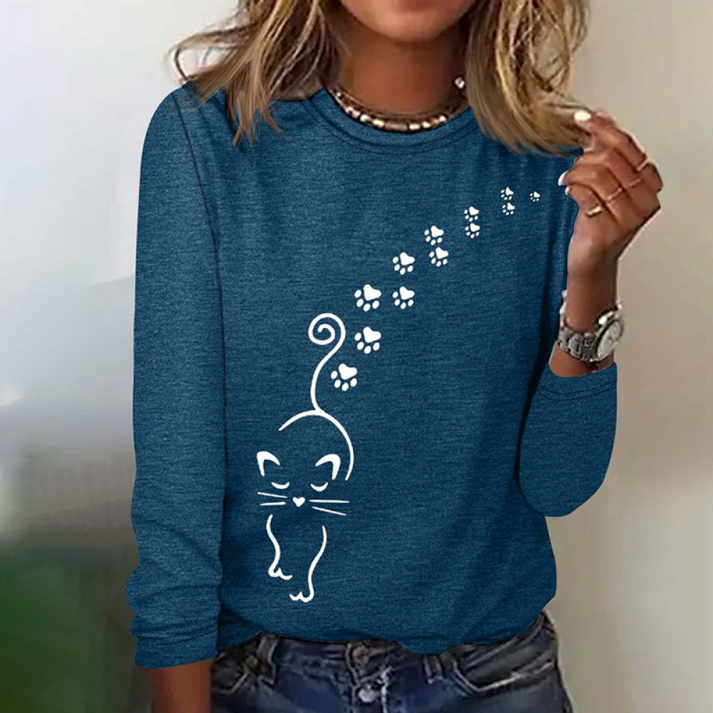 Cat Print Round Neck Long Sleeve T-Shirt