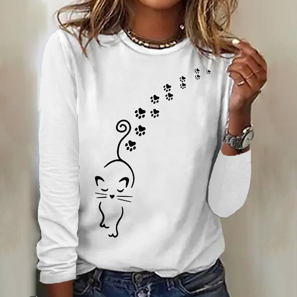 Cat Print Round Neck Long Sleeve T-Shirt