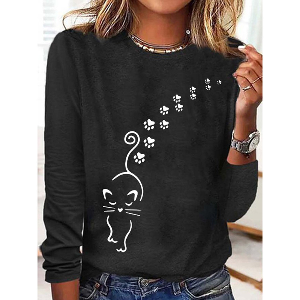 Cat Print Round Neck Long Sleeve T-Shirt