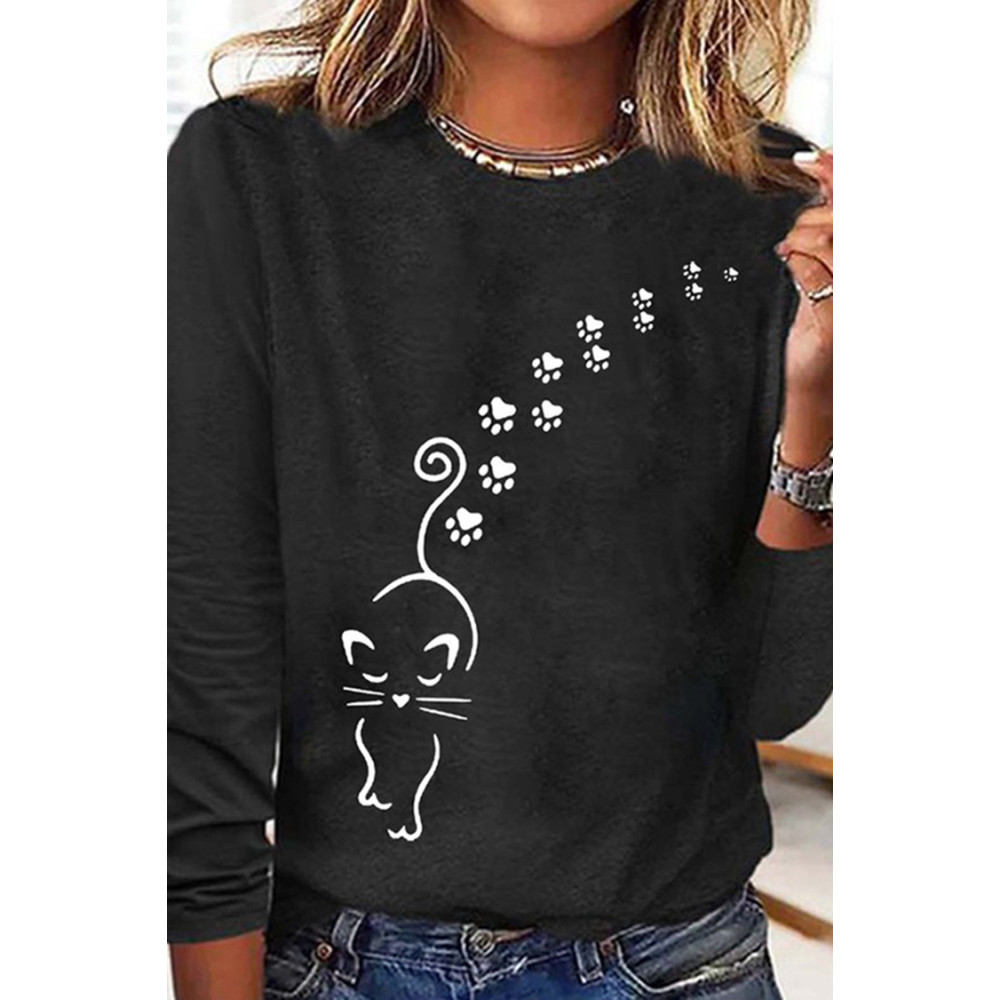 Cat Print Round Neck Long Sleeve T-Shirt