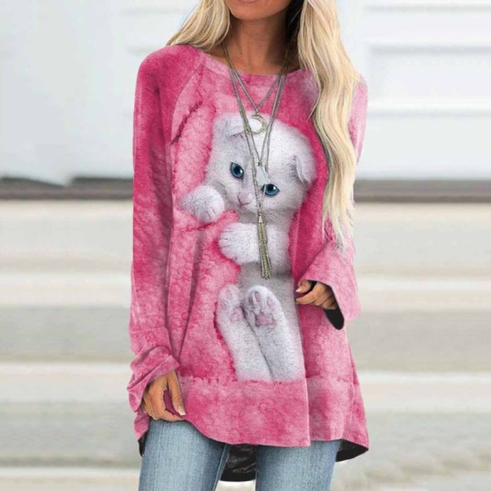 Cat Print Round Neck Long Sleeve Tunic