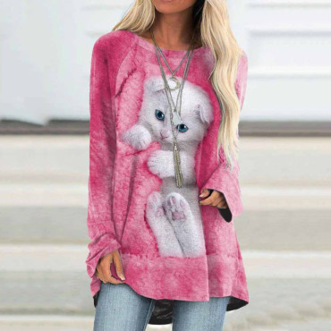 Cat Print Round Neck Long Sleeve Tunic
