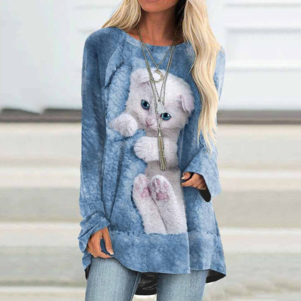 Cat Print Round Neck Long Sleeve Tunic