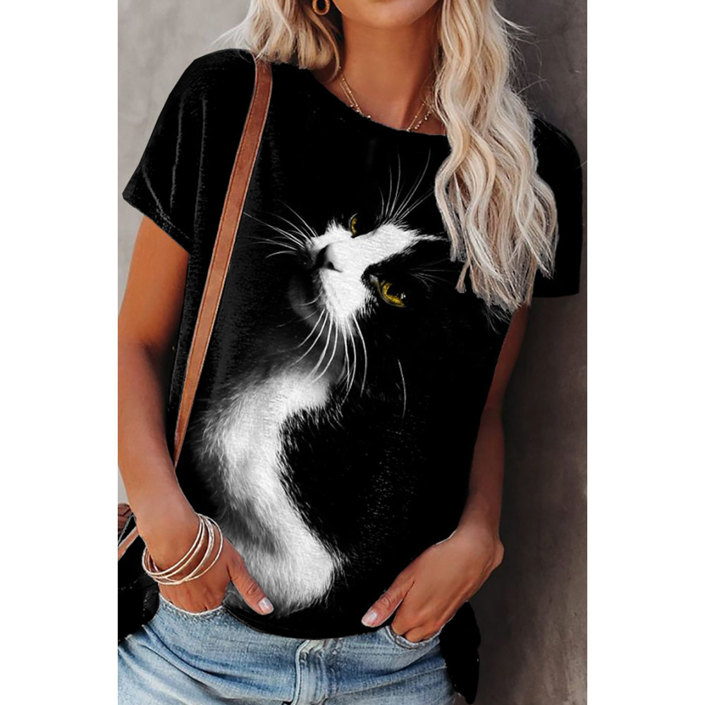 Cat Print Round Neck Short Sleeve Casual T-Shirt
