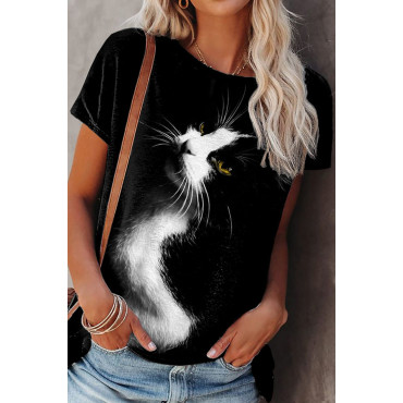 Cat Print Round Neck Short Sleeve Casual T-Shirt