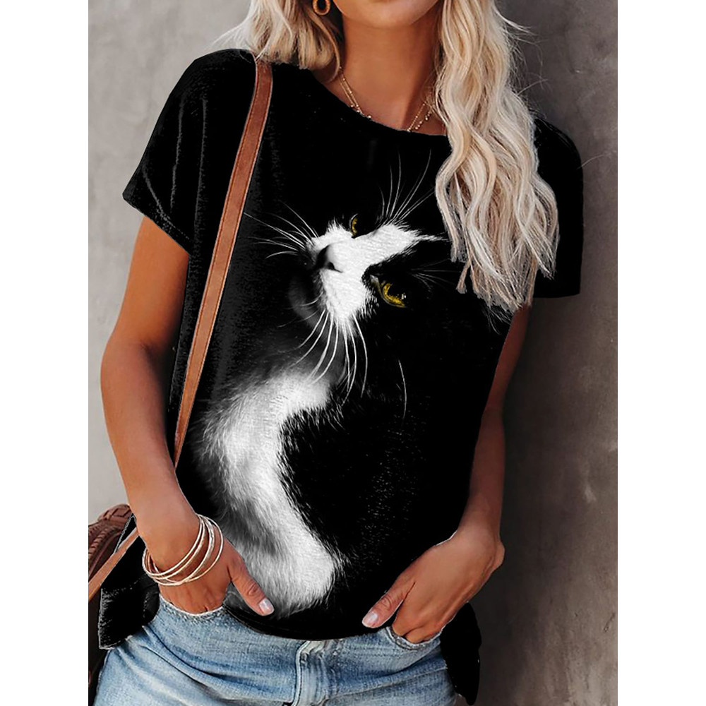 Cat Print Round Neck Short Sleeve Casual T-Shirt