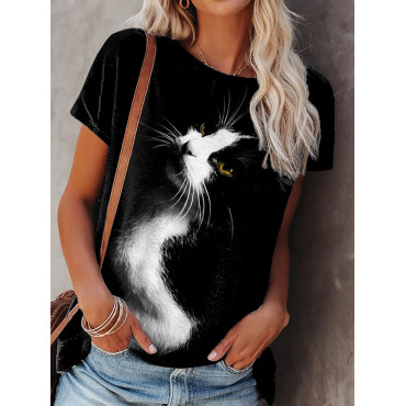 Cat Print Round Neck Short Sleeve Casual T-Shirt
