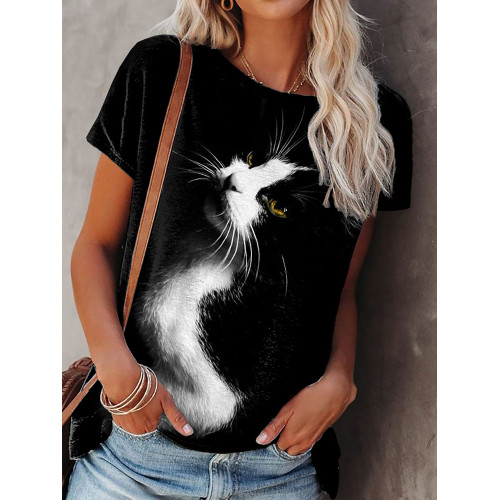 Cat Print Round Neck Short Sleeve Casual T-Shirt