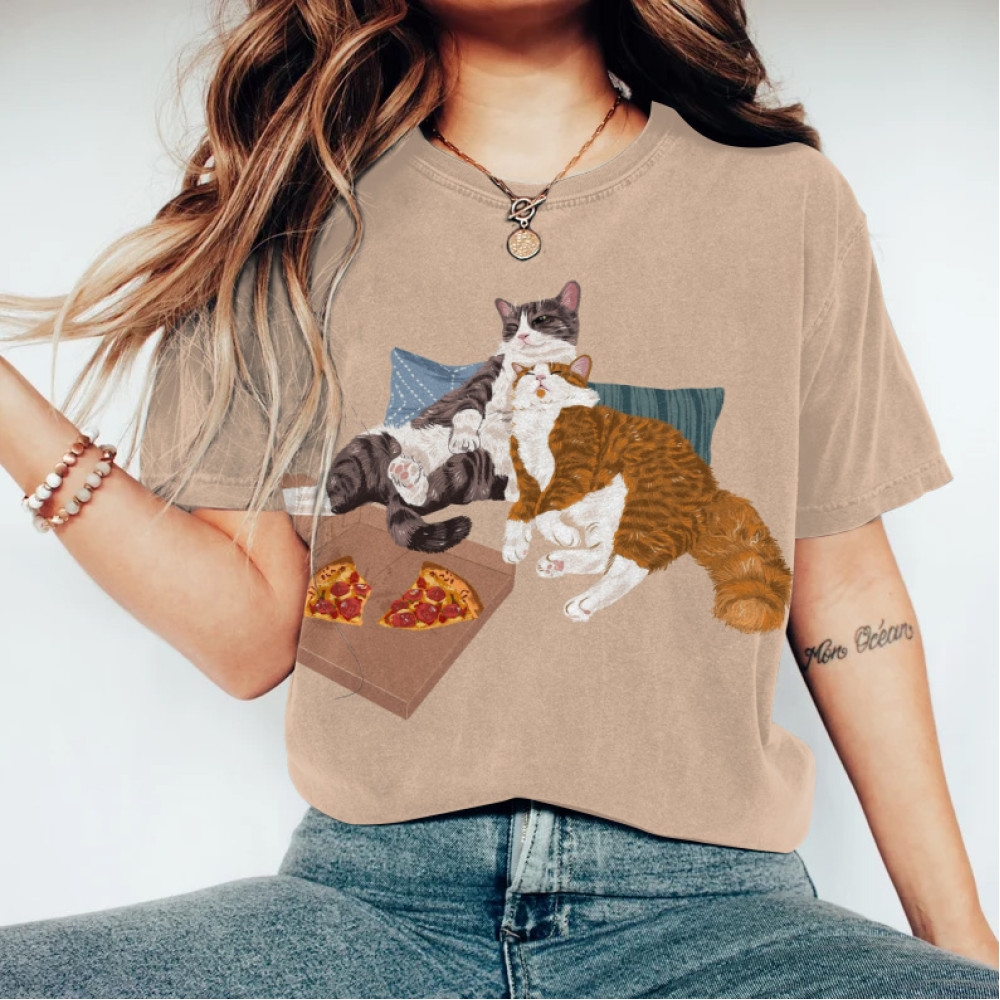 Cat Print Round Neck Short Sleeve T-Shirt