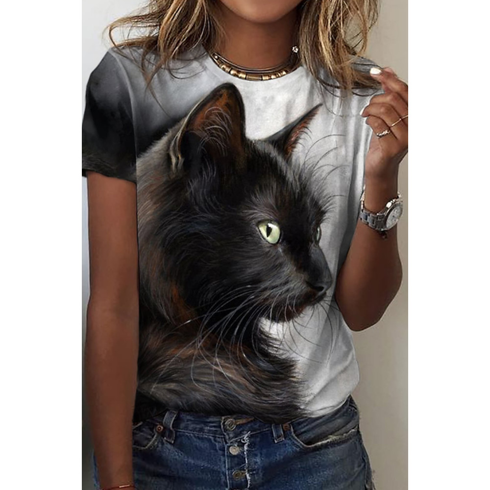 Cat Print Short Sleeve Casual T-Shirt