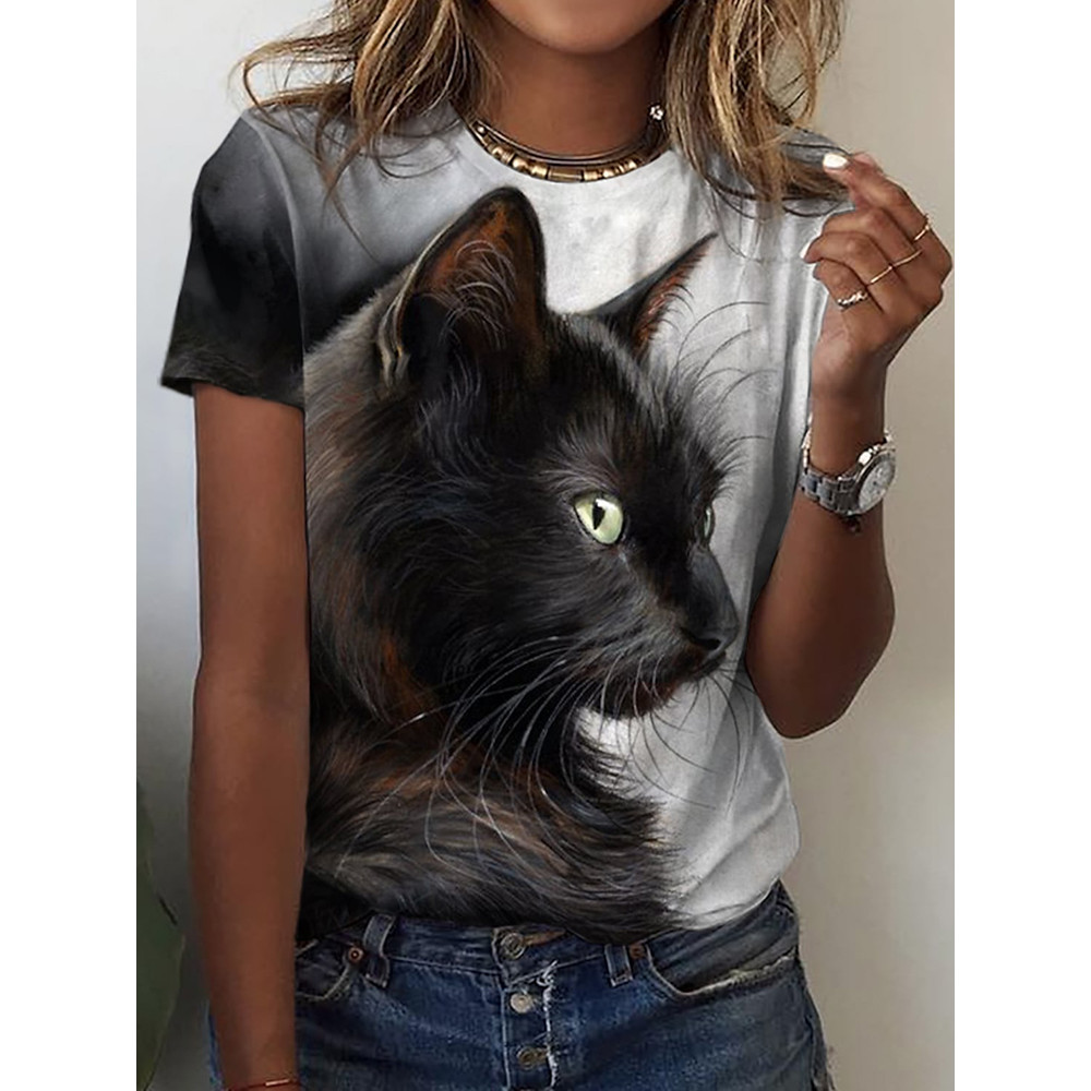 Cat Print Short Sleeve Casual T-Shirt