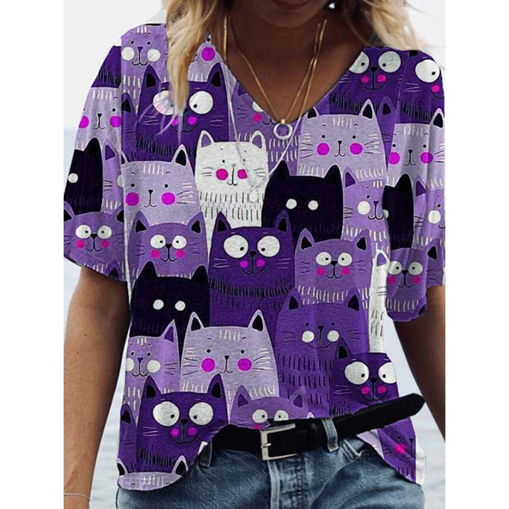 Cat Print V Neck Short Sleeve T-Shirt
