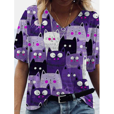 Cat Print V Neck Short Sleeve T-Shirt
