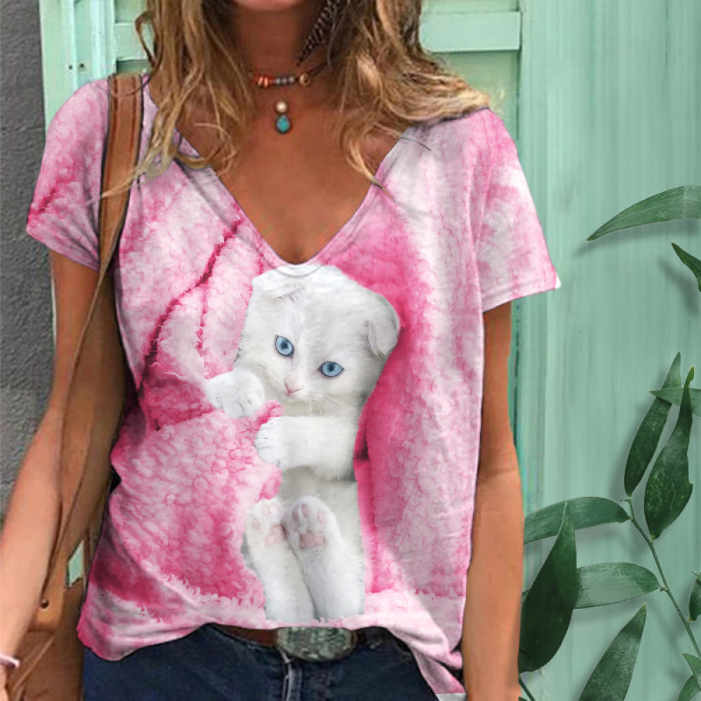 Cat Print V Neck Short Sleeve T-Shirt