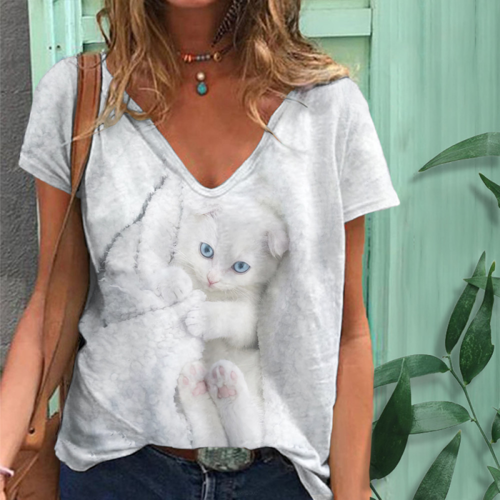 Cat Print V Neck Short Sleeve T-Shirt
