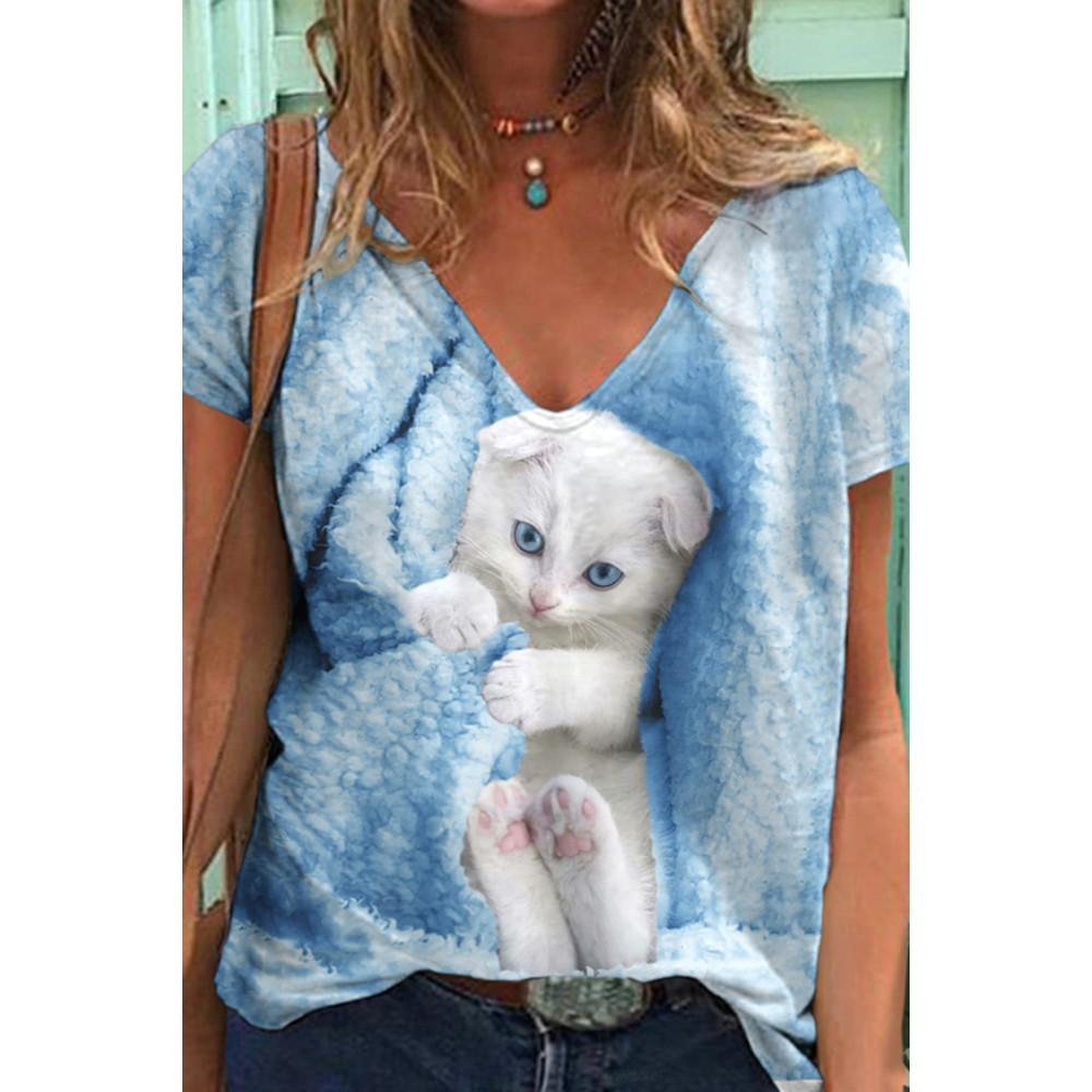Cat Print V Neck Short Sleeve T-Shirt
