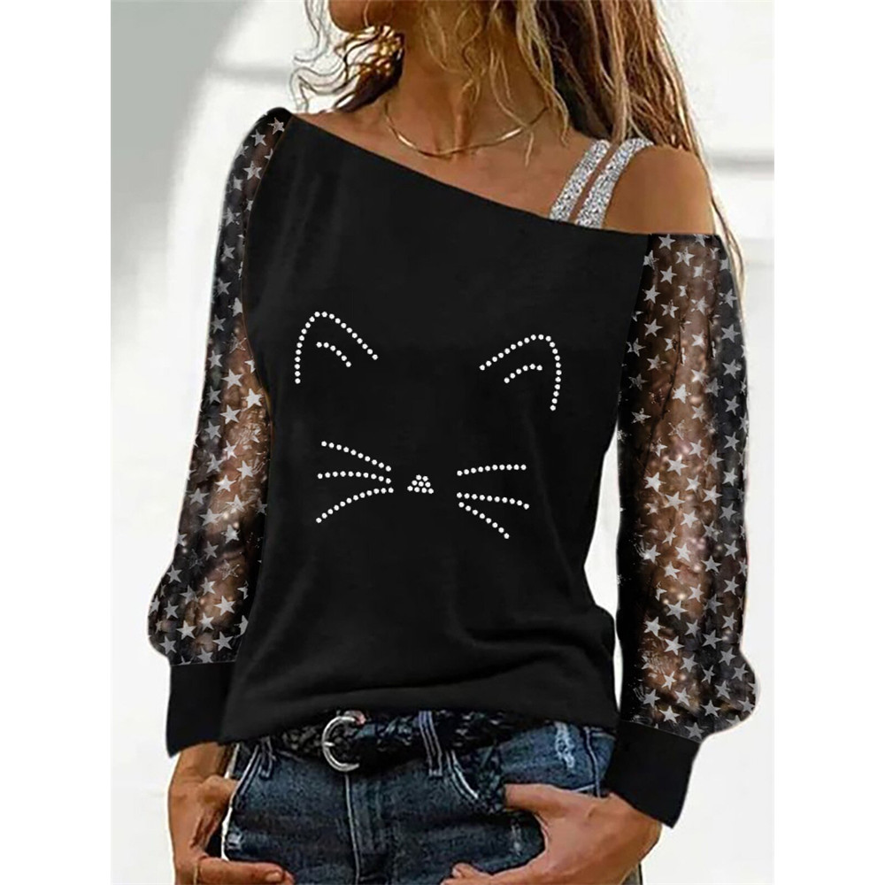 Cat Rhinestone Patchwork Off Shoulder T Shirt