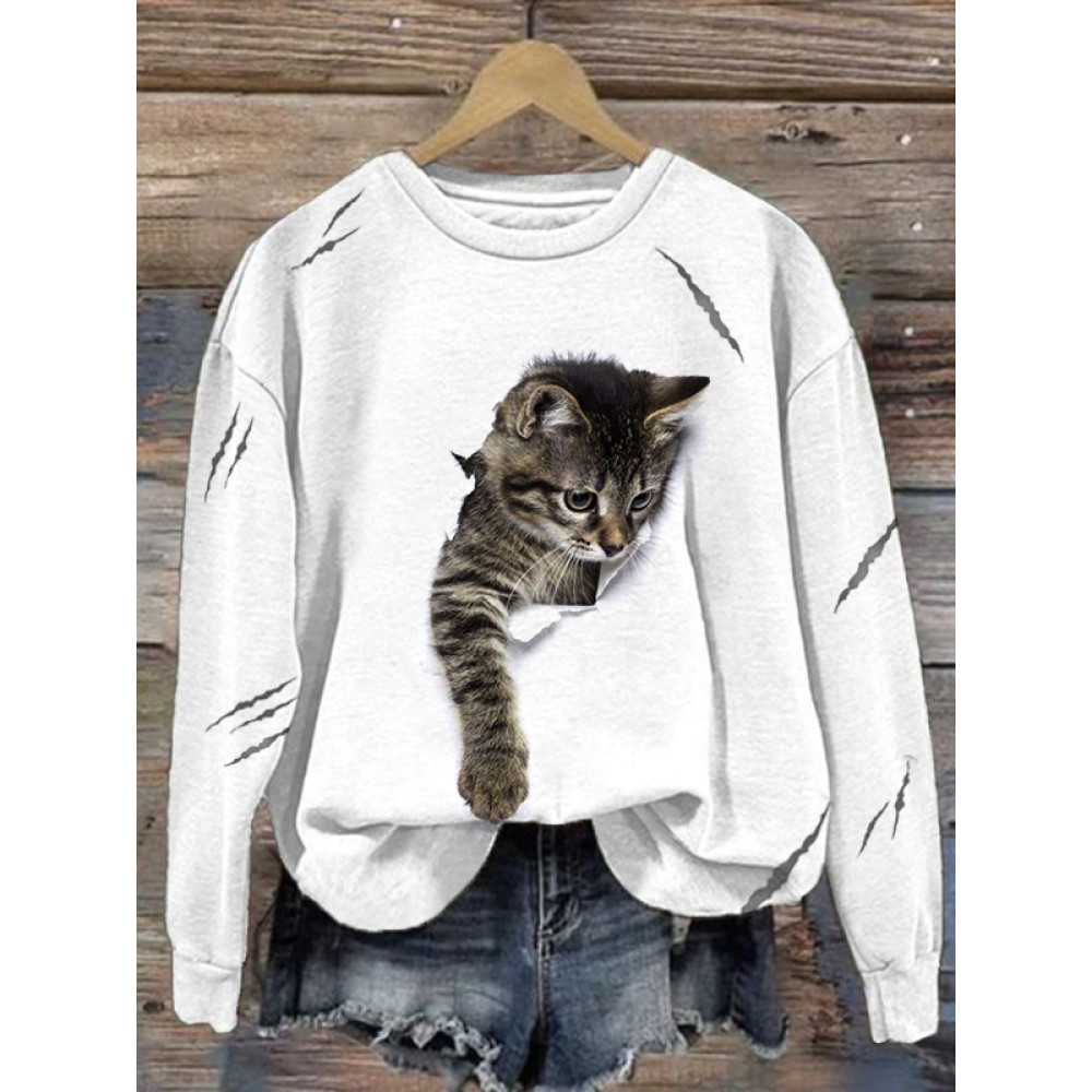 Cat Scratch Print Linen Blend Sweatshirt