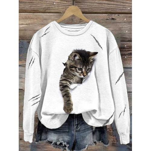 Cat Scratch Print Linen Blend Sweatshirt