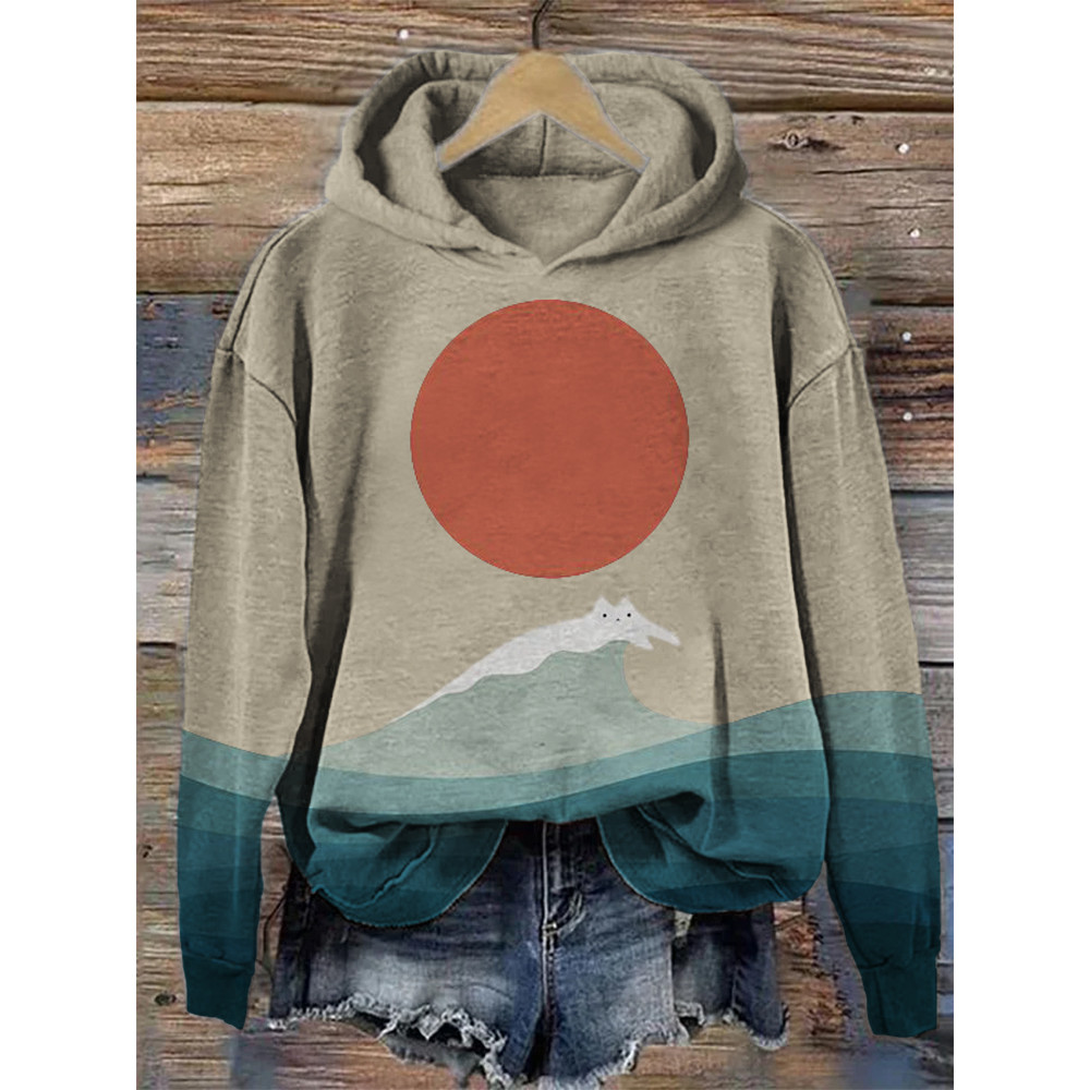 Cat Sea Wave Sunrise Japanese Art Hoodie