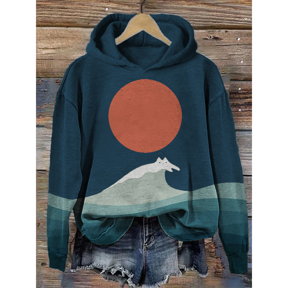Cat Sea Wave Sunrise Japanese Art Hoodie