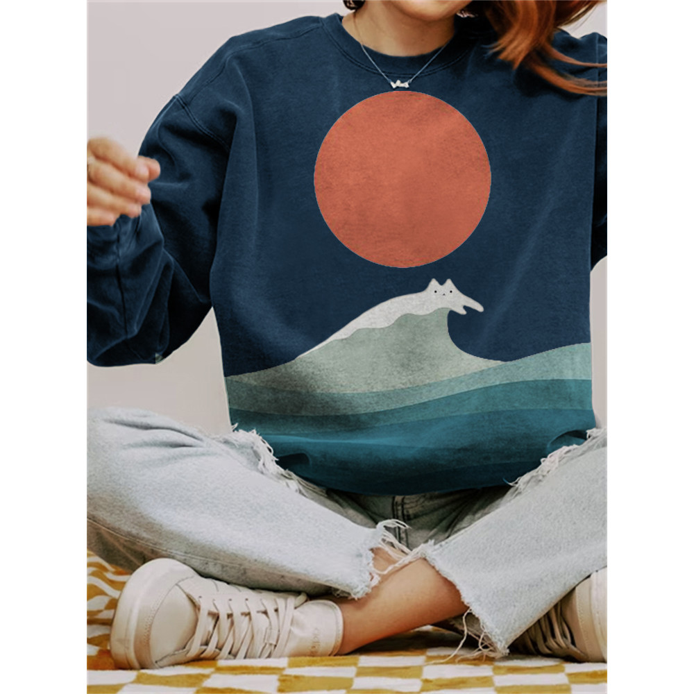 Cat Sea Wave Sunrise Japanese Art Washed Sweatshirt