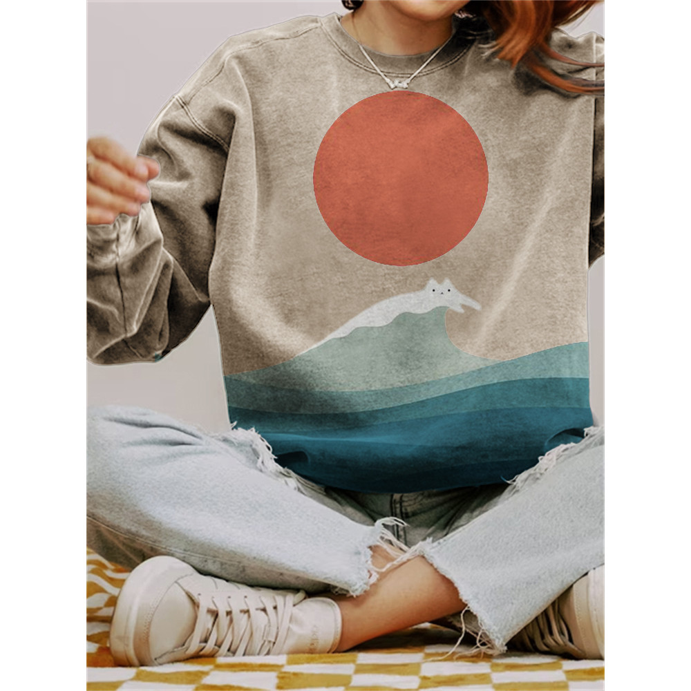 Cat Sea Wave Sunrise Japanese Art Washed Sweatshirt