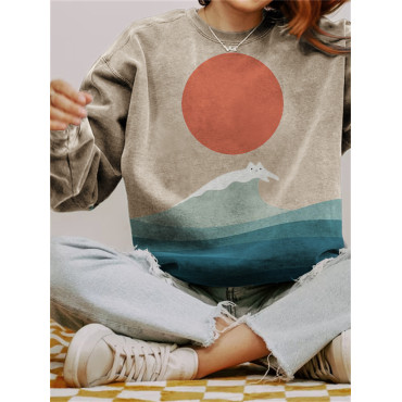 Cat Sea Wave Sunrise Japanese Art Washed Sweatshirt