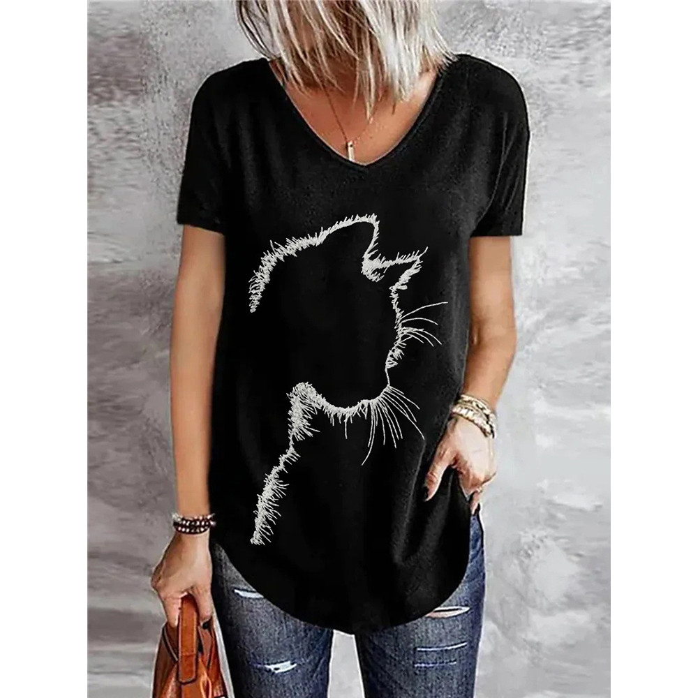 Cat Silhouette Print V-Neck Tee