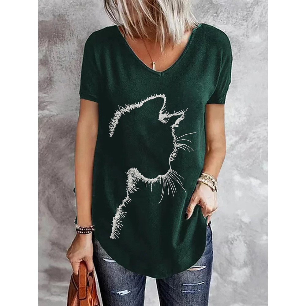 Cat Silhouette Print V-Neck Tee