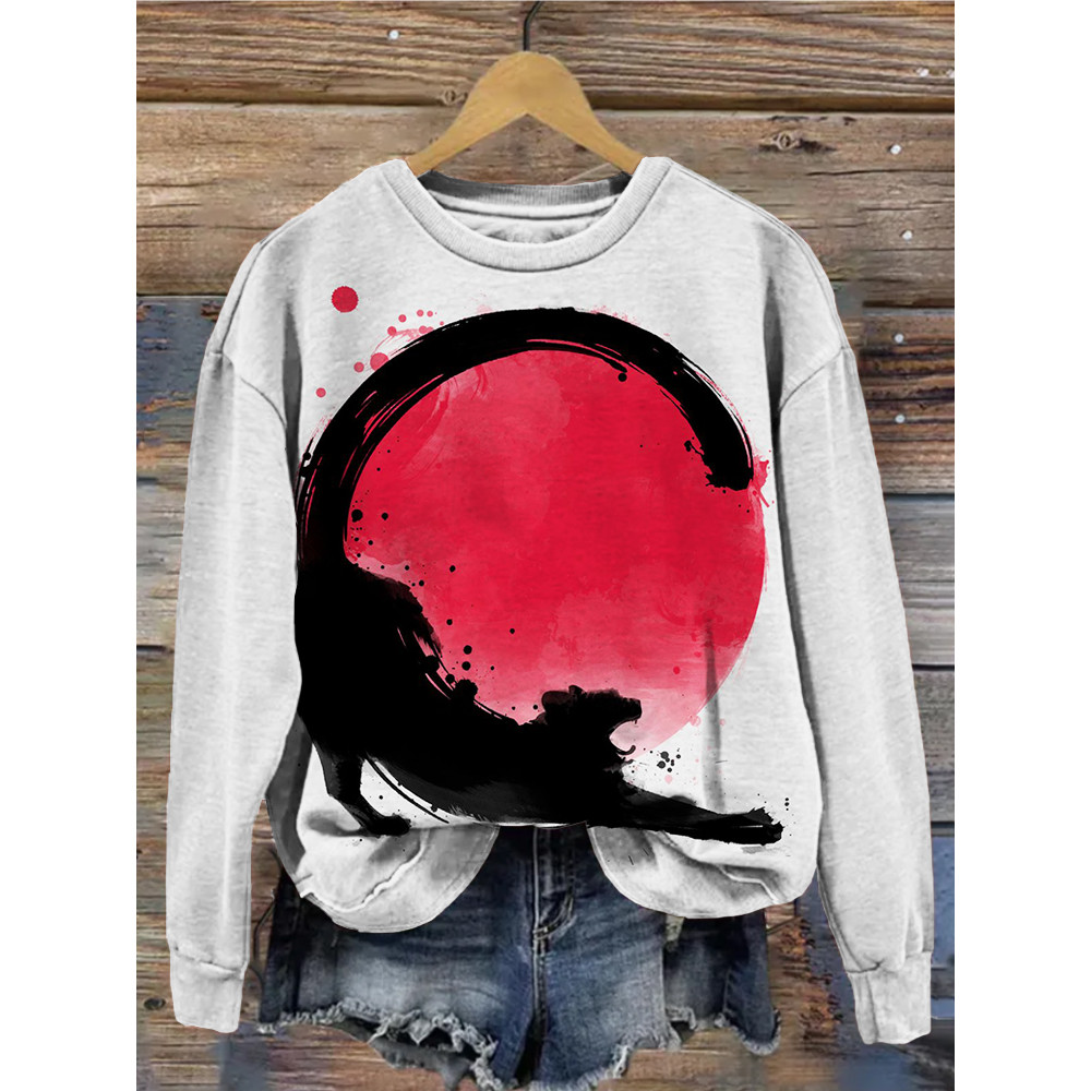 Cat Stretching in the Red Sun Art Cozy Sweatshirt