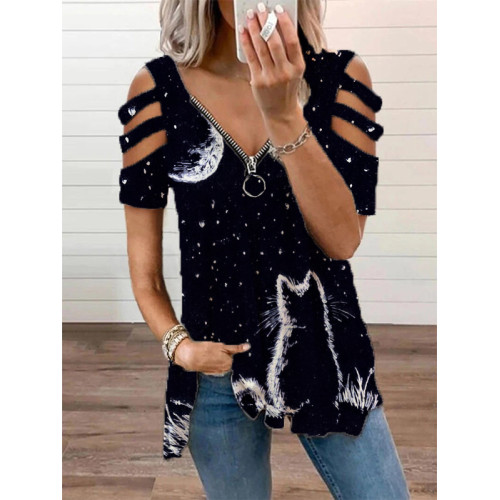 Cat Under The Moon Printed Cutout-Short-Sleeve Tee