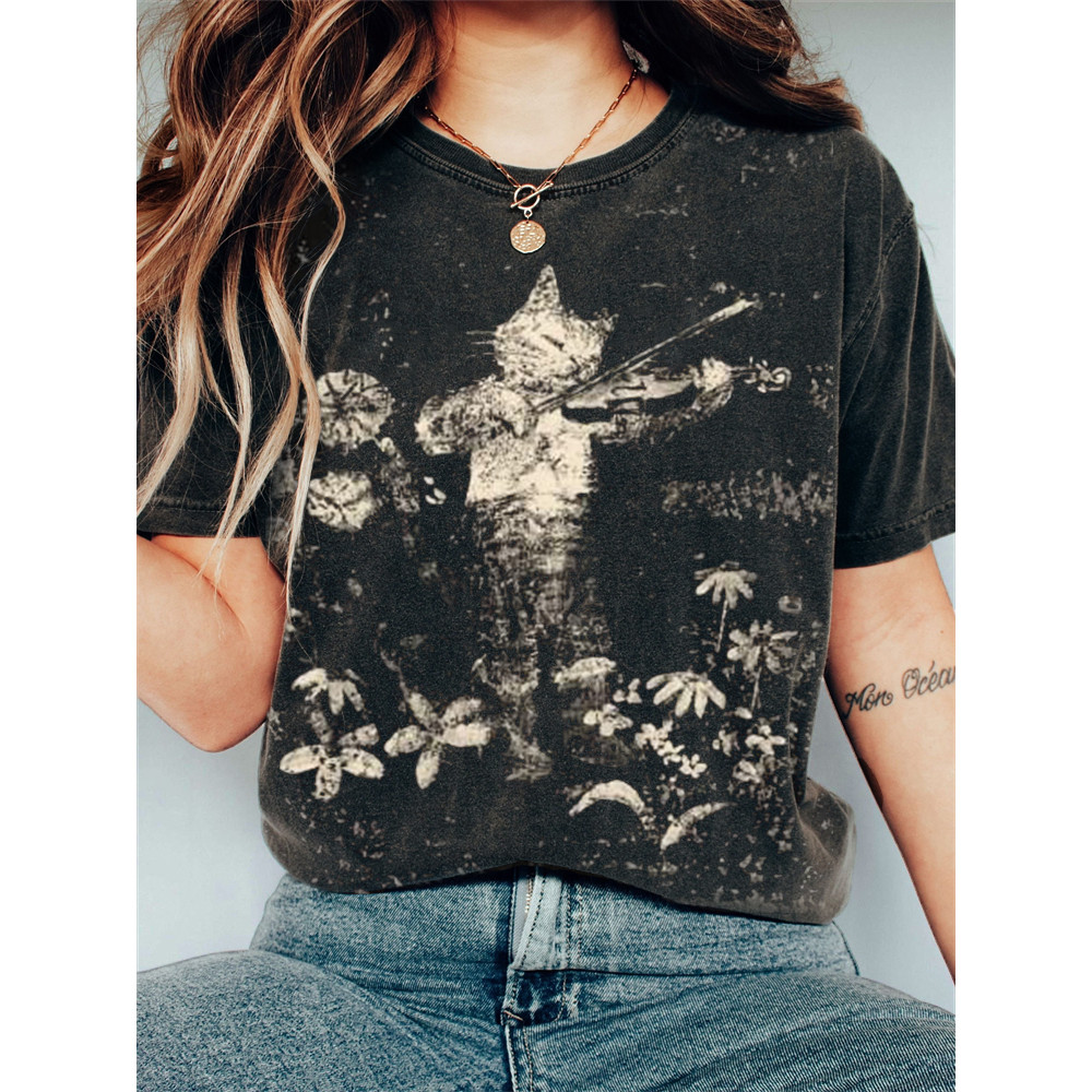 Cat Violinist in the Forest Art Vintage T Shirt
