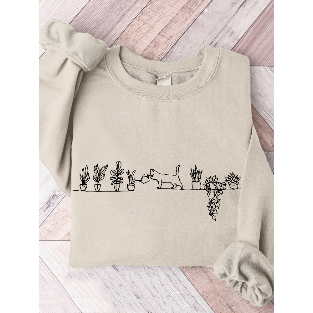 Cat Watering Plants Embroidery Art Comfy Sweatshirt