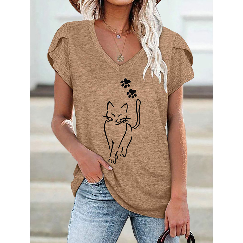 Cat With Paws Print Petal Sleeve T Shirt